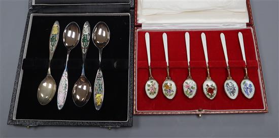 A set of six silver gilt and floral coffee spoons, a set of 4 (of 6) silver and enamelled Rose Society teaspoons, cased (10)